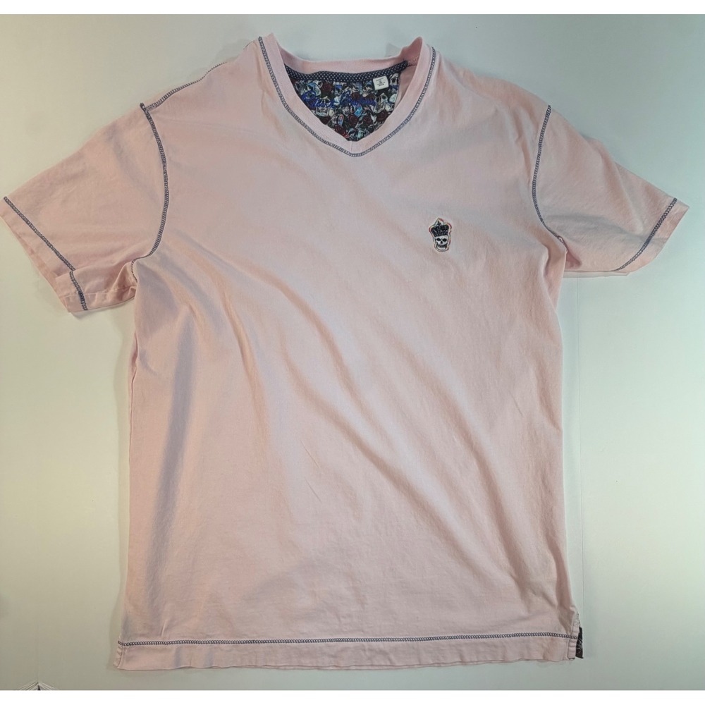 Robert Graham Mens Pink V-Neck T-Shirt Skull Crown Embroidery Classic Fit Small